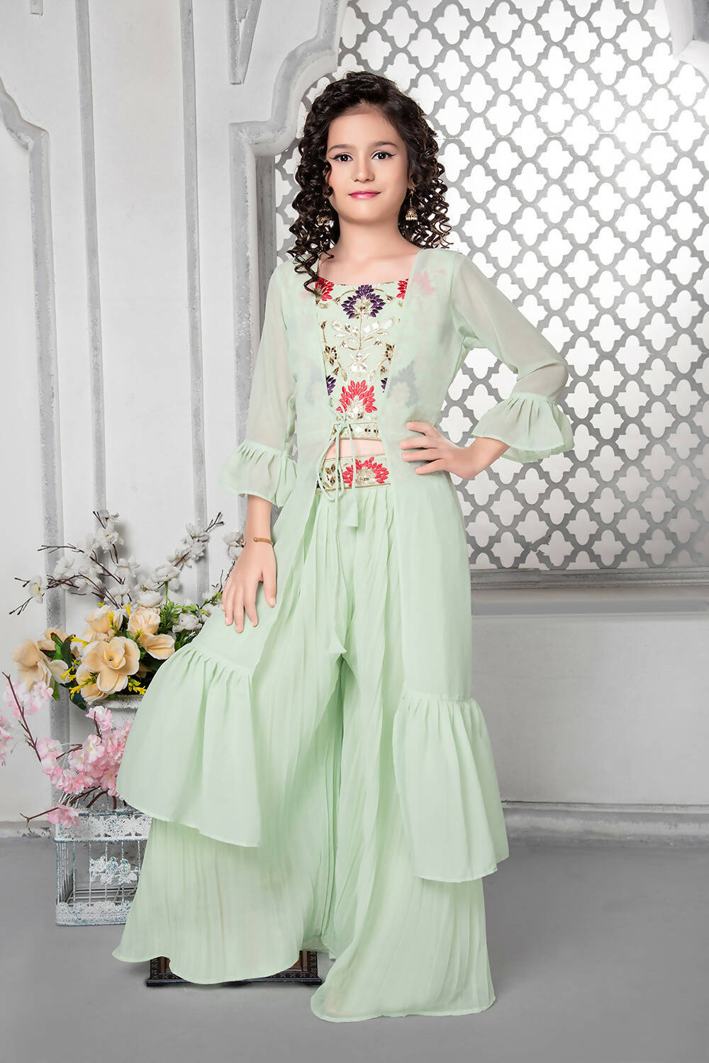 Kids Wedding Designer Aqua Fox Georgette Palazzo Suit - Aaradhna | Grocsy
