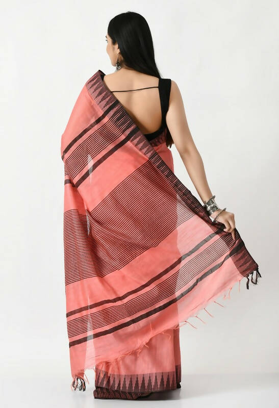 Mominos Fashion Moeza Gajari Pink Bhagalpuri Handloom Silk Black Temple Border Saree with unstitched Blouse piece | Grocsy
