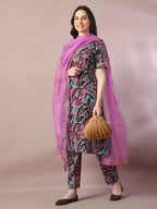 Myshka Women's Multi Printed Cotton Straight Party Kurta Set With Dupatta | Grocsy