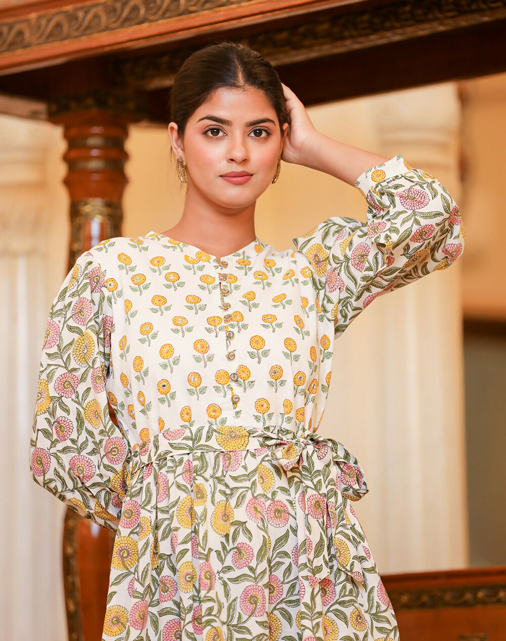 Kaajh Women's White-Pink Floral Print Handblock Dress | Grocsy