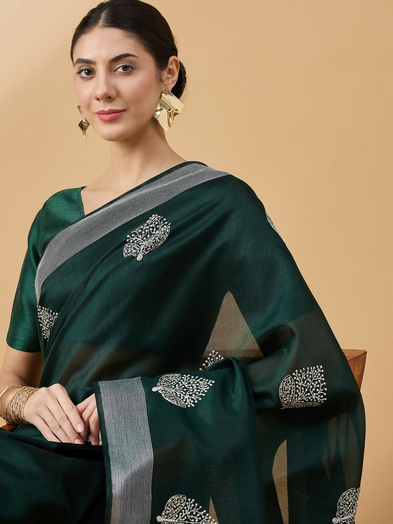 Green Cotton Blend Thread Embroidered Saree with Unstitched Blouse - Satya | Grocsy