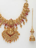 NVR Women's Gold-Polished Pink Stone Studded Lakshmi Temple Jewellery Set | Grocsy
