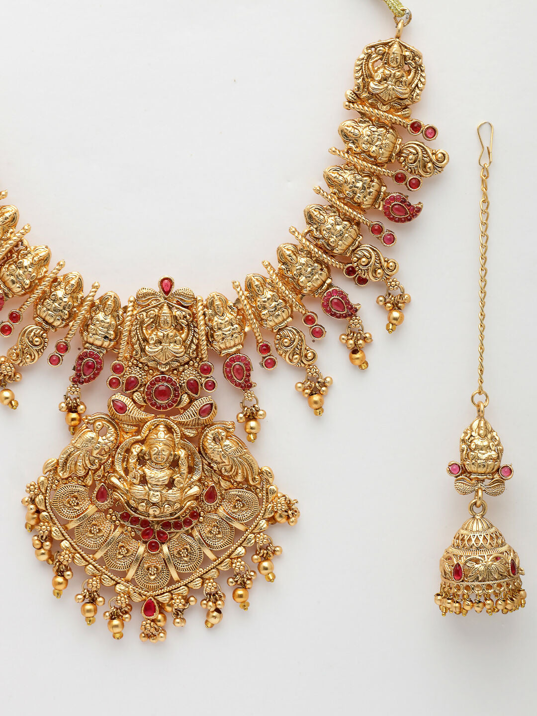 NVR Women's Gold-Polished Pink Stone Studded Lakshmi Temple Jewellery Set | Grocsy