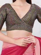 Joban Fashion Black Brocade Elbow Sleeveless Back Open Blouse | Grocsy