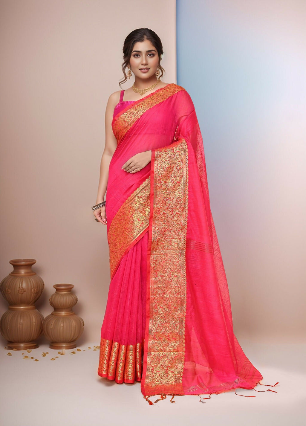 Joban Fashion Pink Cotton Blend Handloom Saree | Grocsy