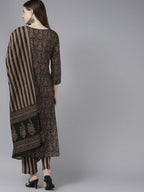 Yufta Women Black Ethnic Motifs Printed Pure Cotton Kurta with Trouser and Dupatta | Grocsy