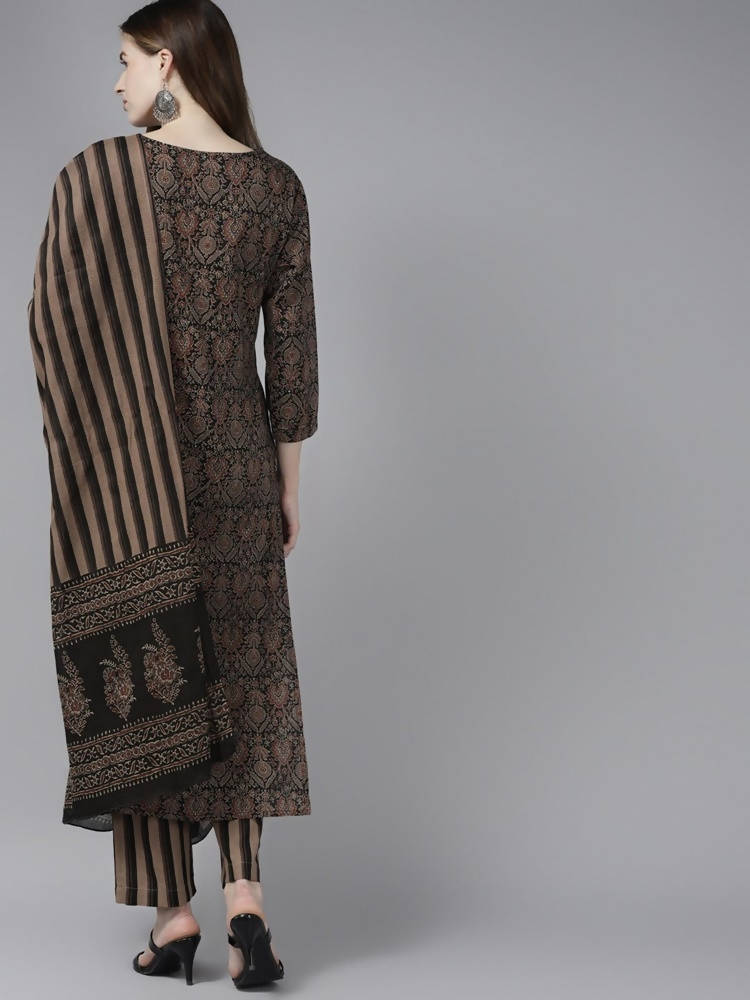 Yufta Women Black Ethnic Motifs Printed Pure Cotton Kurta with Trouser and Dupatta | Grocsy