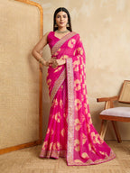 Pink Georgette Printed Designer, Embroidery Work Lace Border Saree - Aarvi | Grocsy