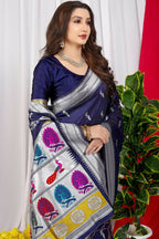 Jyoti Fashion Women's Navy Blue Paithani Silk Zari Woven Saree with Blouse | Grocsy