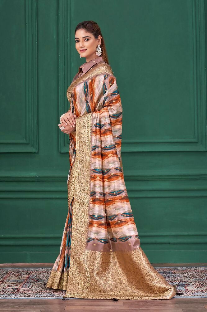 Lilac Purple Tussar Silk Jacquard Abstract Digital Print Saree with Unstitched Blouse - Mohira | Grocsy