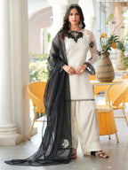 Nikhaar Cream Embroidered Organza Stitched Straight Cut Kurta Farshi Salwar Dupatta Readymade Suit | Grocsy