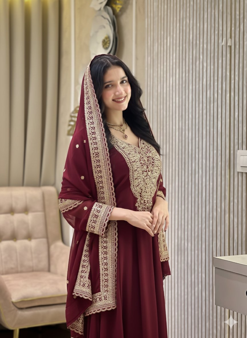 Teeya Creation Maroon Color Faux Georgette Embroidery Work Long Party Wear Gown | Grocsy