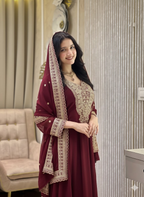Teeya Creation Maroon Color Faux Georgette Embroidery Work Long Party Wear Gown | Grocsy
