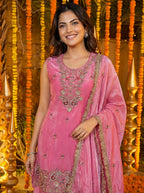 Teeya Creation Pink Fendy Silk Beads Work Designer Wedding Wear Salwar Suit | Grocsy