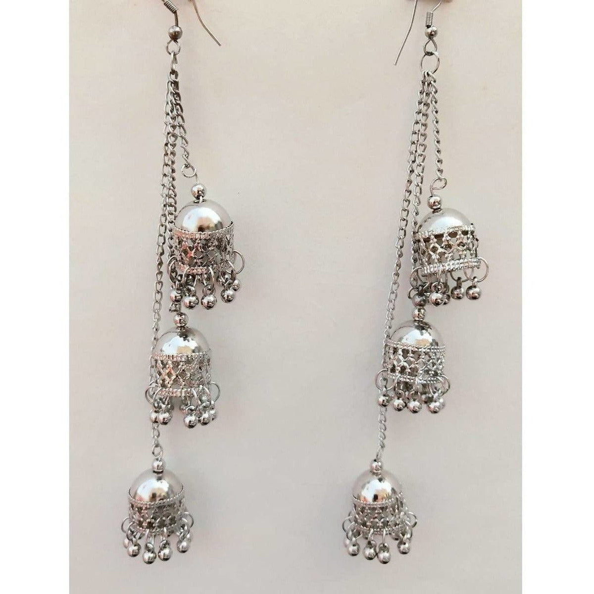 MS Fashion India Silver Oxidized Kashmiri Hanging Triple Jhumkas Chain Earrings For Parties | Grocsy