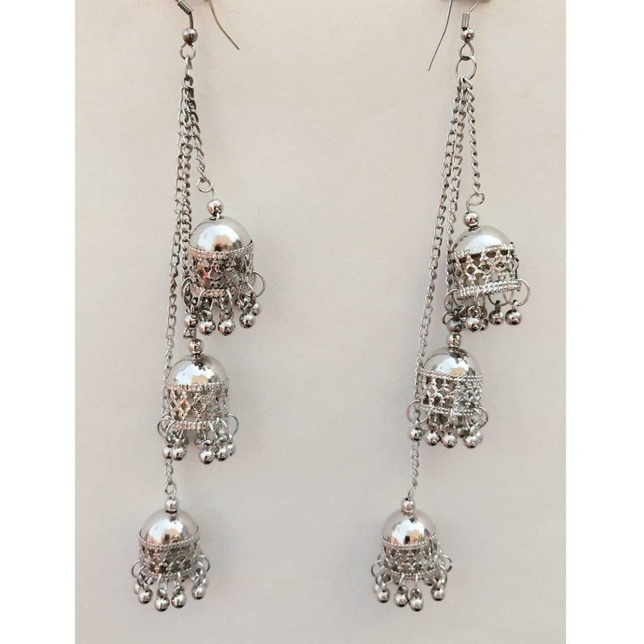 MS Fashion India Silver Oxidized Kashmiri Hanging Triple Jhumkas Chain Earrings For Parties | Grocsy