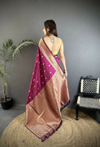 Joban Fashion Magenta Zari Weaving Motif Lichi Silk Banarasi Silk Saree | Grocsy