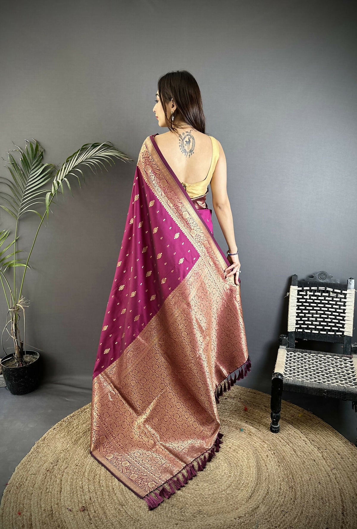 Joban Fashion Magenta Zari Weaving Motif Lichi Silk Banarasi Silk Saree | Grocsy