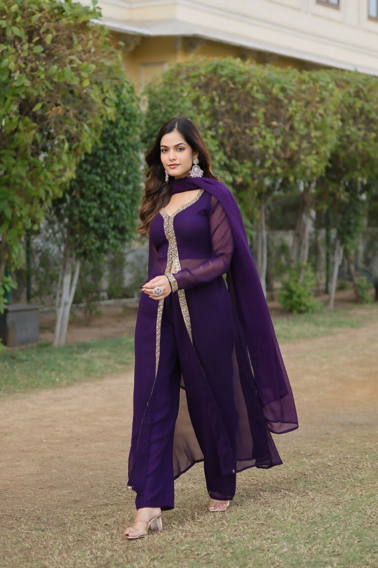 Jyoti Fashion Women's Purple Faux Blooming Embroidered Kurta with Trouser & Dupatta | Grocsy