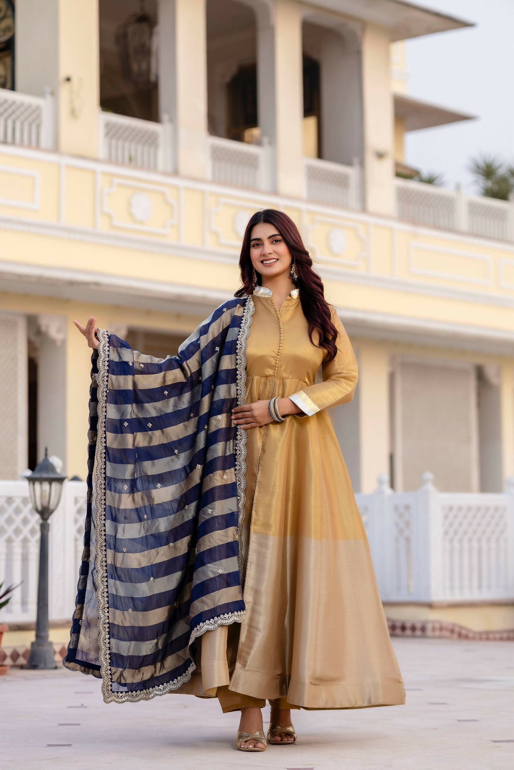 Teeya Creation Multi Color Pure Banarasi Viscose Wedding Wear Long Gown | Grocsy