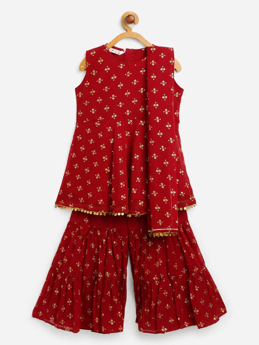 Ahalyaa Maroon Georgette Gold Foil Print Kids Peplum style Kurta Sharara Set With Dupatta For Girls | Grocsy