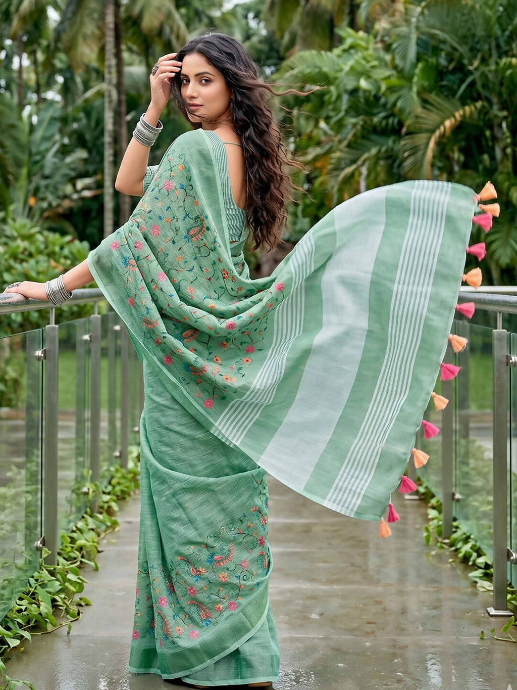 Shree Shyam Fashion Sea Green Linen Saree | Grocsy