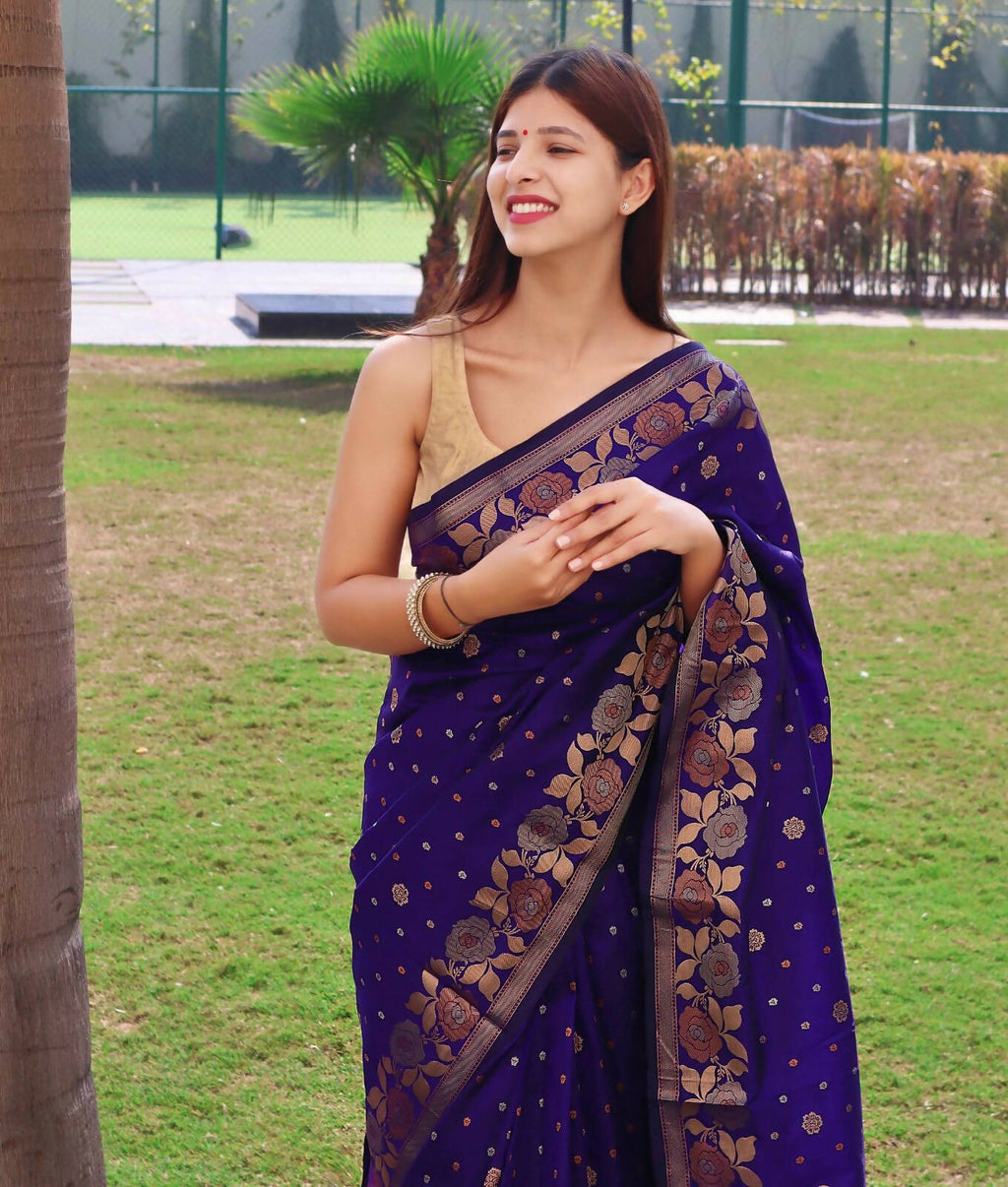 DEIANA'S Beautiful Designer Golden zari Soft Lichi Silk Saree - Navy Blue | Grocsy