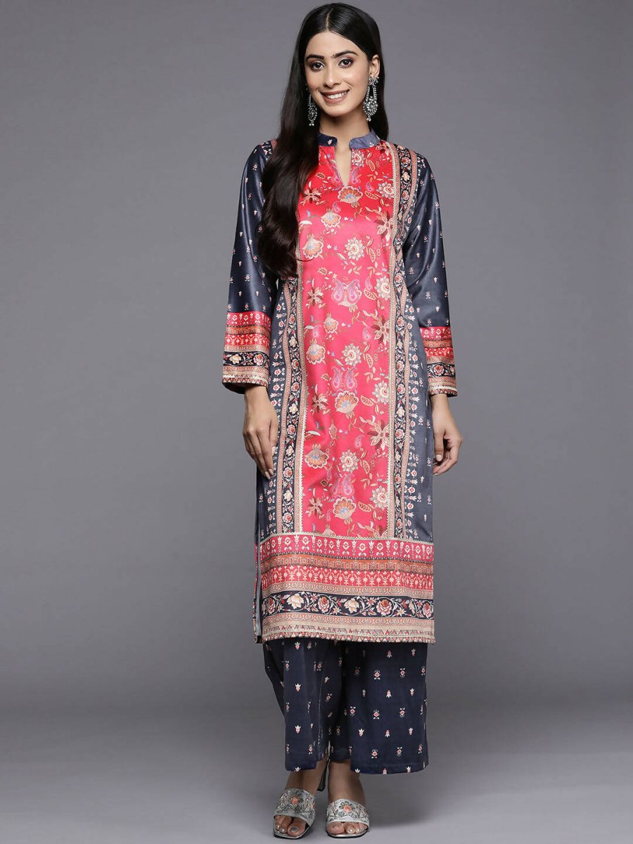 Ahalyaa Women Navy Blue Ethnic Motifs Printed Gotta Patti Velvet Kurta with Palazzos | Grocsy