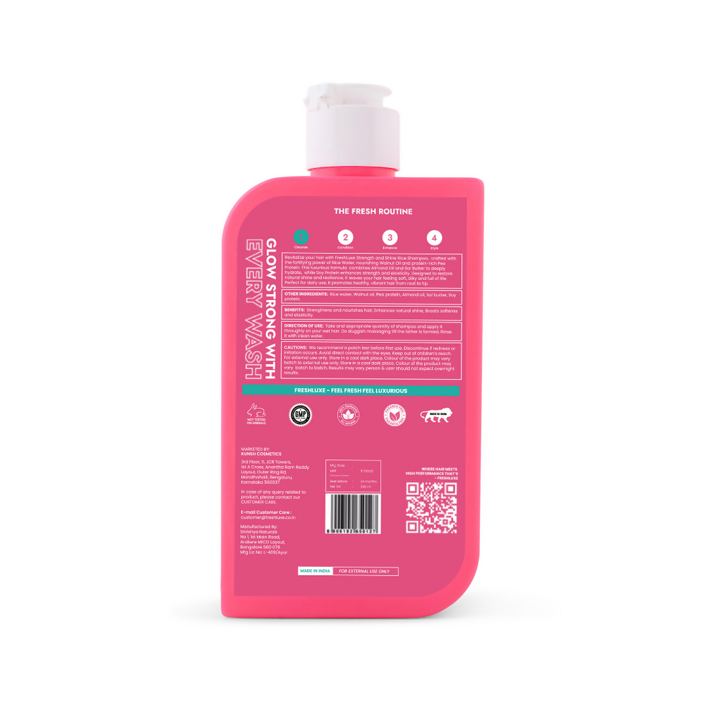 FreshLuxe Strength & Shine Shampoo Rice Water, Walnut Oil & Pea Protein For Damaged Hair & Reduce Split Ends | Grocsy