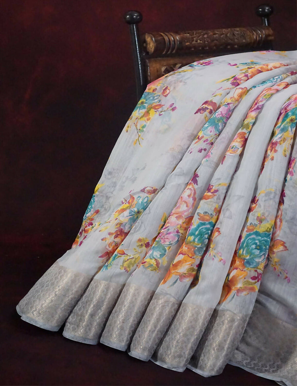 Shades Of Grey With Floral Design Semi Chanderi Saree By Gayathri Reddy Designer Studio | Grocsy