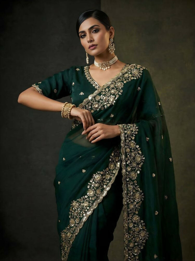 Joban Fashion Green Fandy Satin Silk Party Wear Sarees | Grocsy