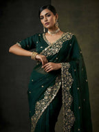 Joban Fashion Green Fandy Satin Silk Party Wear Sarees | Grocsy