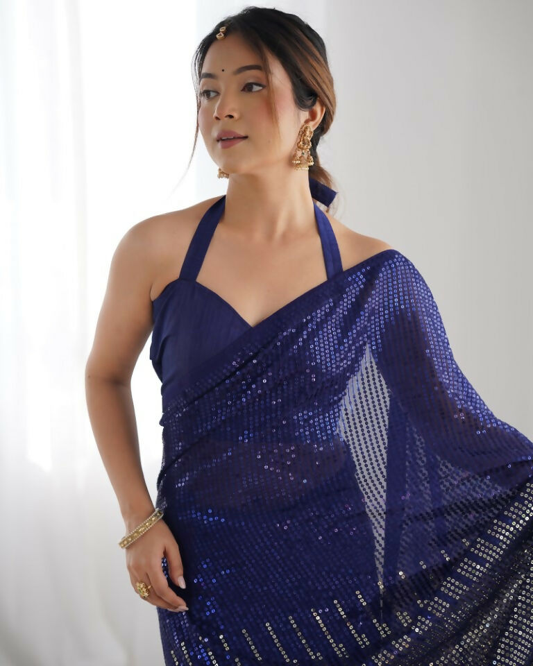 Blue Georgette Designer Sequence Embroidery Work Saree - Sitare | Grocsy