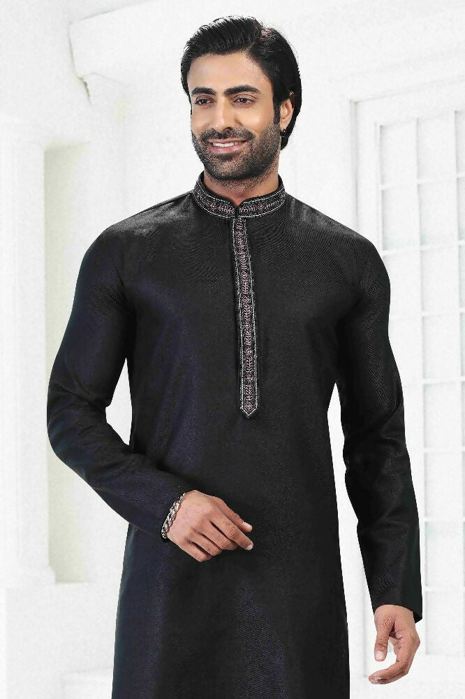 Raivat Ethnic Linen Cotton Thread Work Kurta Pajama In Black Colour | Grocsy