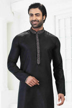 Raivat Ethnic Linen Cotton Thread Work Kurta Pajama In Black Colour | Grocsy
