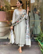 The52 Off White Women's Gorgeous Embroidered Viscose Chanderi Fabric Straight Kurta Pant with Dupatta Set | Grocsy