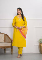 Yellow Viscose Silk Embroidery with Thread and sequence Stitched Suit With Dupatta - Tanisha | Grocsy