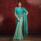 Aqua Blue Crepe Silk Georgette Mirror Thread Work/ Texture Pallu Saree - Mohmanthan Kimiya | Grocsy