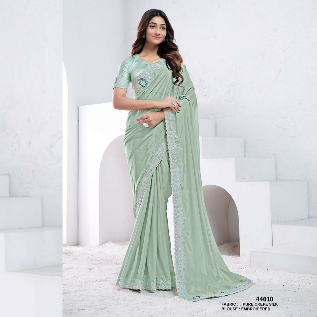 Sea Green Pure Crepe Silk Dual Sequence With Applic Work Saree With Unstitched Blouse - Norita Swaraa | Grocsy