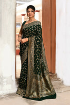 Joban Fashion Emerald Green Crepe Chiffon Pure Handloom Banarasi Silk Saree | Grocsy