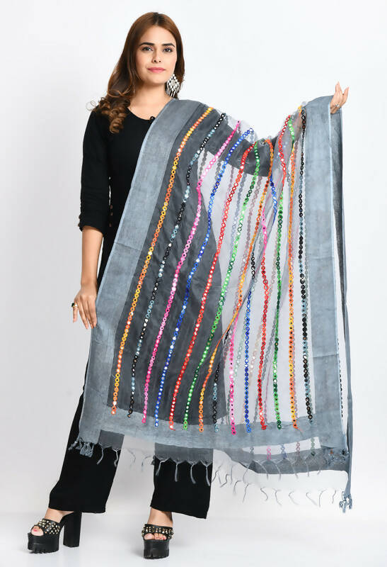 Mominos Fashion Moeza Women's Orgenza Multi Thread Mirror Work Grey Dupatta | Grocsy