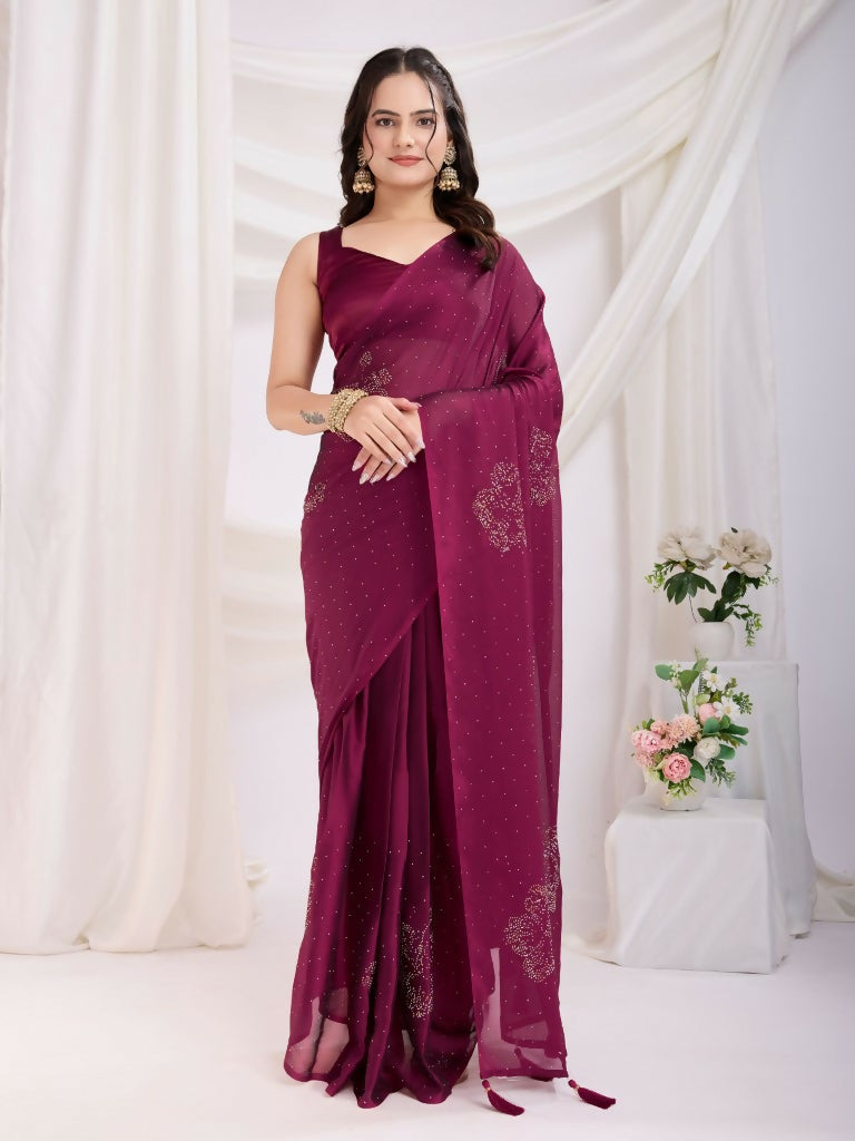 Maroon Rangoli Silk Diamond Work Ready To Wear Saree - Tamana | Grocsy