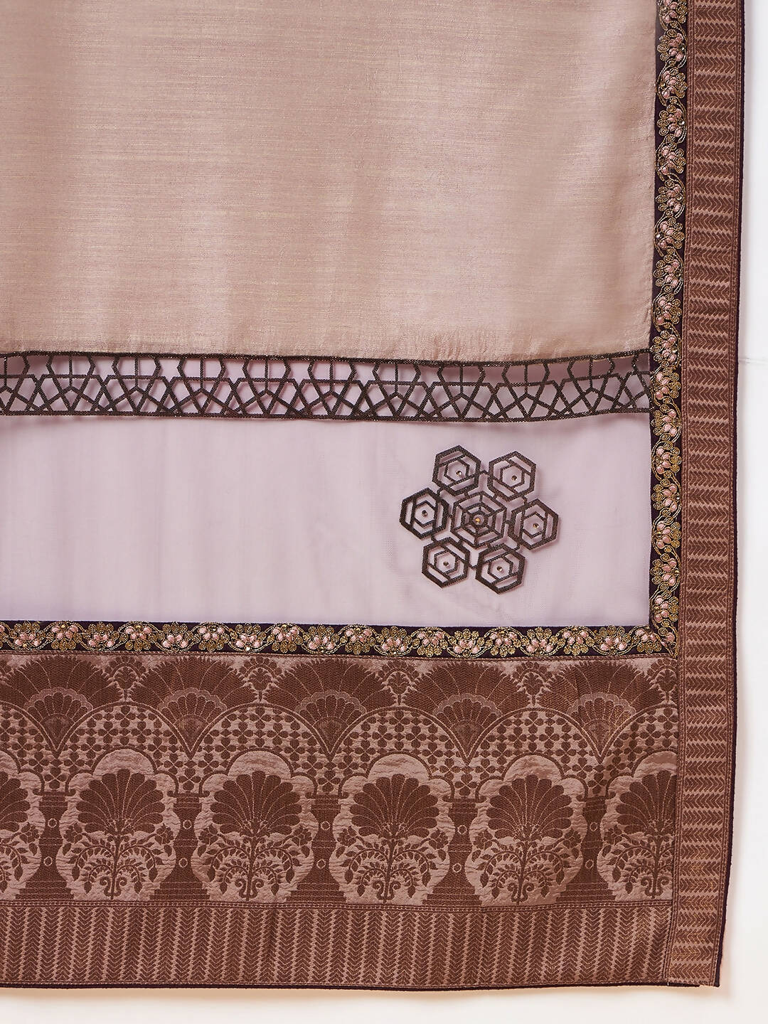 Beige, Purple Tussar Silk Zari, Thread And Cord Embroidery, Laser Cut Applique Saree - Norita Hit Design | Grocsy
