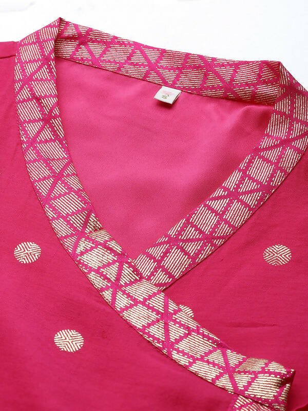 Ahalyaa Womens Pink Chanderi Printed Angrakha Style Tunic | Grocsy