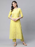 Ahalyaa Women Yellow Pure Cotton Printed Floral Kurta With Trousers | Grocsy