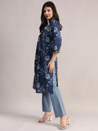 Aavyora Women's Navy Blue Floral Printed Cotton A-Line Kurta with Pintuck Detailing | Grocsy