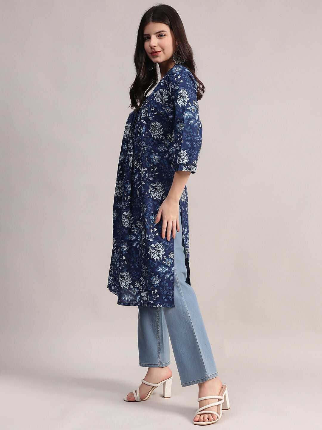 Aavyora Women's Navy Blue Floral Printed Cotton A-Line Kurta with Pintuck Detailing | Grocsy