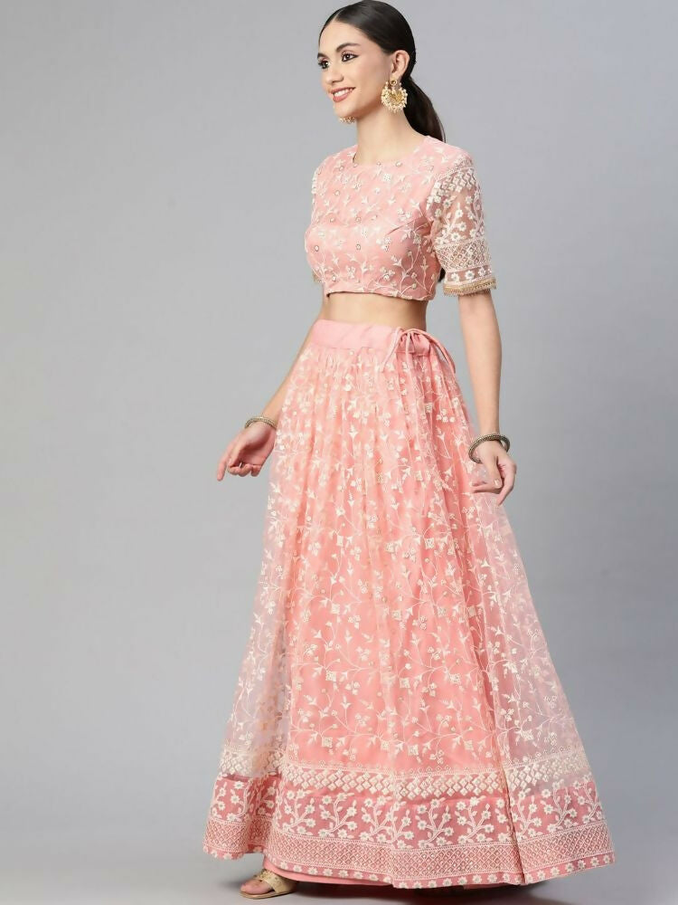 Peach Soft Net Thread Embroidery Work Lehenga Choli - Jihu Culture | Grocsy