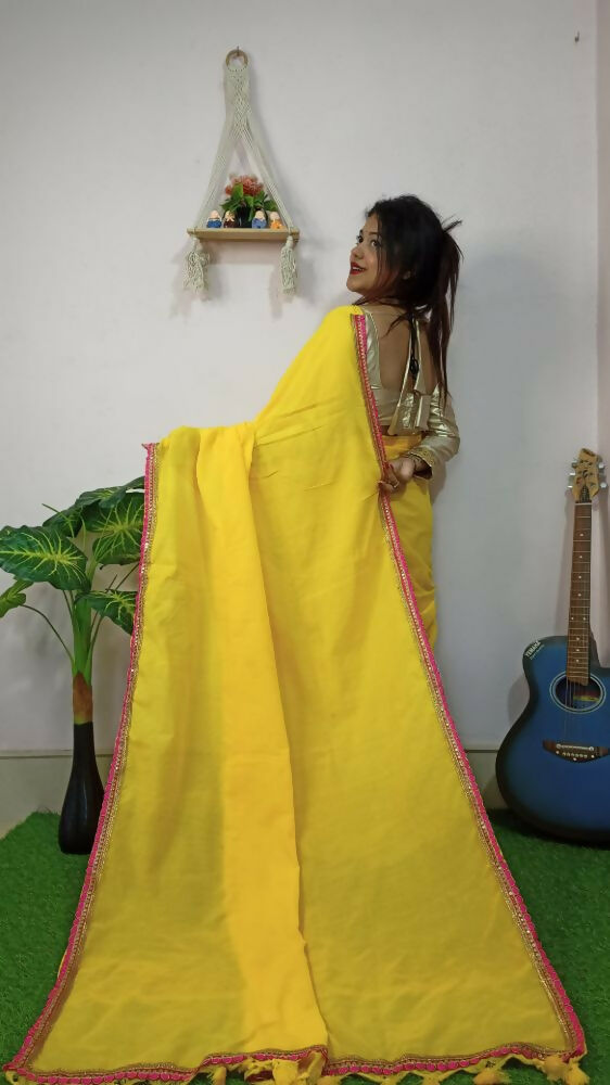 Exclusive Collection Beautiful Khadi Cotton Handloom Saree With Beautiful Zari Border - Yellow | Grocsy