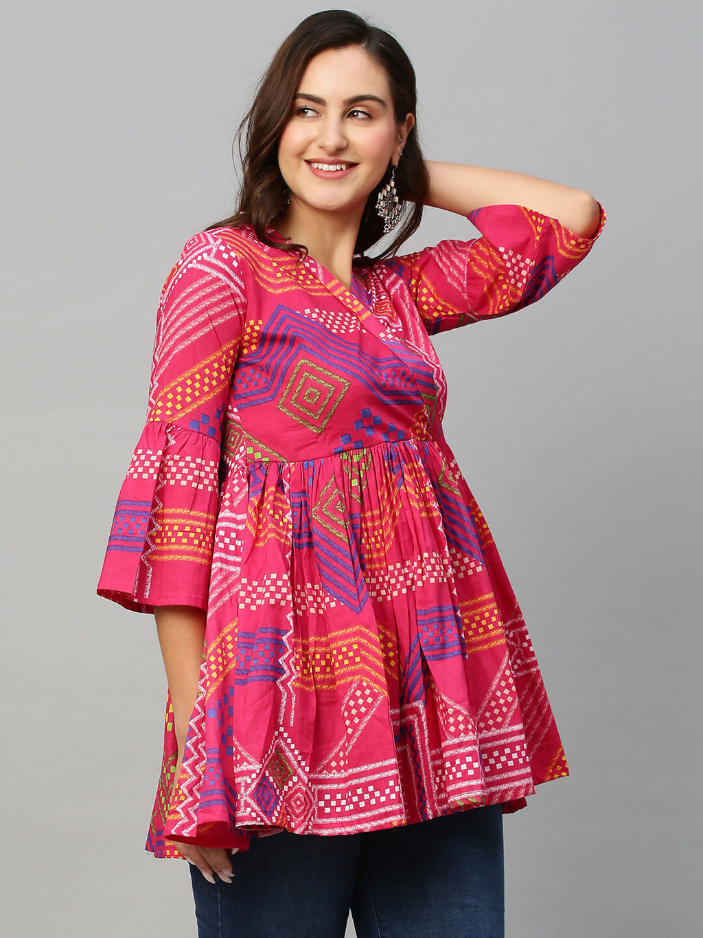 Pink Cotton Geometric Printed A-line Top - Bosky | Grocsy